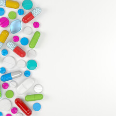 3d rendering of many colorful tablets, pills and capsules. - Medicine on white background.