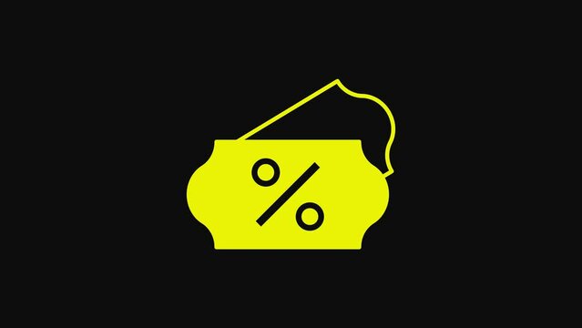 Yellow Discount percent tag icon isolated on black background. Shopping tag sign. Special offer sign. Discount coupons symbol. 4K Video motion graphic animation