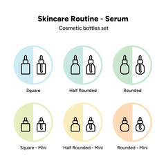 Serum Bottles, Skincare Routine, Beauty cosmetics products with dropper, skin care package vector icons isolated