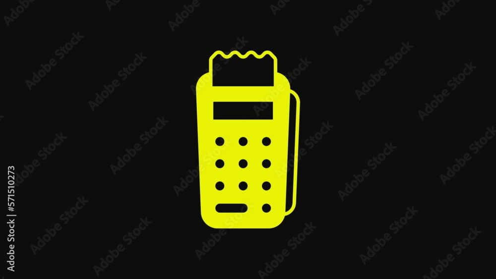 Poster yellow pos terminal with inserted credit card and printed reciept icon isolated on black background.