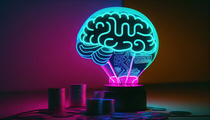 Ai generative illustration collage with brain lamp bulb with neon lights and coins money. Idea and creativity concept