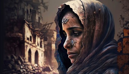 A crying sad turkish or muslim woman crying over the devastation. AI Generative - obrazy, fototapety, plakaty