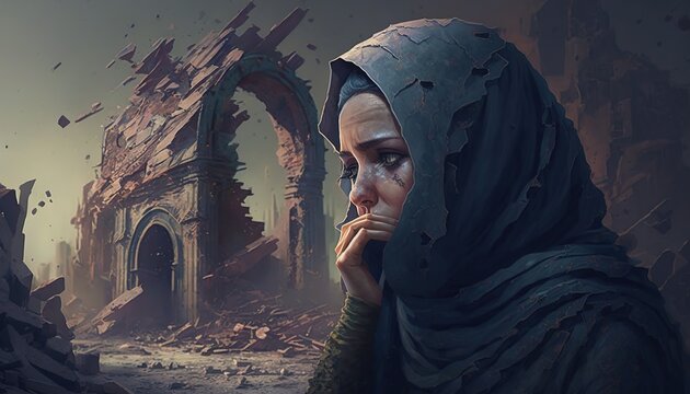 A crying sad turkish or muslim woman crying over the devastation. AI Generative