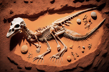 Fototapeta na wymiar Dinosaur Fossil pterodactyl rex found by Archaeologists, top view. Generation AI