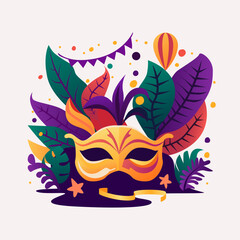 Mardi gras. Mask with feathers, festival bright colours. Icon, clipart for website, holiday, travel, festival application. Mardi gras party invitation. Vector flat illustration, cartoon style.