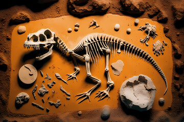 Archeologists discover fossil skeleton dinosaur tyrannosaurus in sand, top view. Generation AI - obrazy, fototapety, plakaty