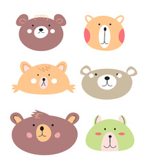Cute baby bear avatar vector illustration. Hand drawn bear faces. Colorful animal face for child