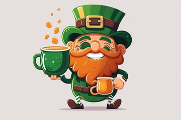Cheerful leprechaun with a pot of gold and mug of green beer icon vector. Happy St. Patrick's Day icon. Laughing cute leprechaun with a pot of gold coins and beer icon isolated on a white background