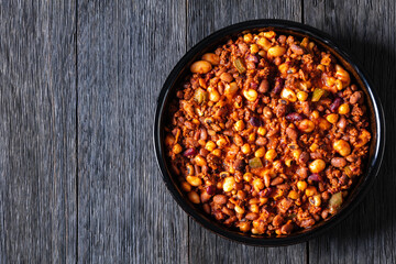 Beans and Sausage bake in baking dish, top view