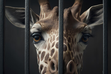 Portrait of giraffe behind bars in lattice cage. Concept Unlawful smuggling of exotic animals, illegal zoo. Generation AI