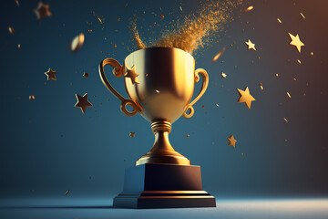 Champion golden trophy with gold stars on blue dark background. Generation AI