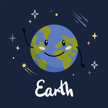 Cute cartoon planet character Earth with funny face. Poster solar system for children.