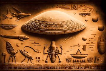 Old Egyptian hieroglyphs with UFO Aliens on ancient background. Concept humanoid Flying saucer history of Earth. Generation AI - obrazy, fototapety, plakaty
