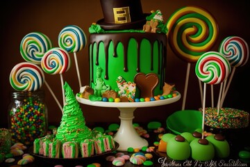 St Patricks Day theme candyland novelty drip cake and party table