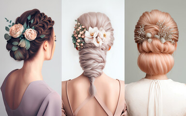 Collage of several young girls with different hairstyles with flowers back view. AI genetared.