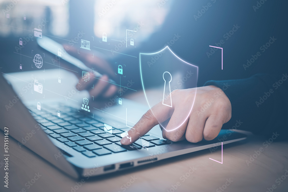 Poster cyber security and security password login online concept hands typing and entering username and pas
