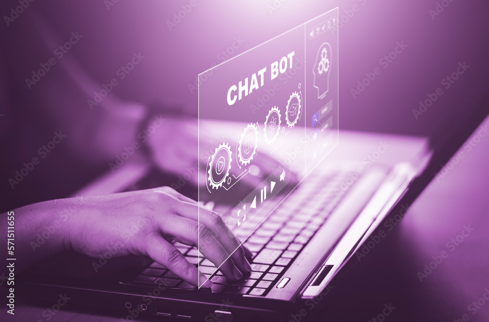 Poster businessman hold laptop and touch chat bot chat with ai, artificial intelligence, system artificial 
