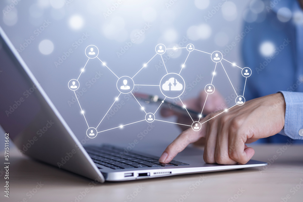 Poster businessman hand holding smartphone and laptop with cloud computing diagram show on hand. cloud tech