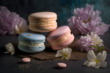 Fototapeta na wymiar Sweet and beautiful macaroons of flower flavour. Flower flavour dessert food photography made with Generative AI