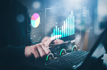 Planning analysis indicators and strategy buy and sell, Stock market Analyst working with Business Analytics and Data Management Systems, report with KPI and metrics connected database.