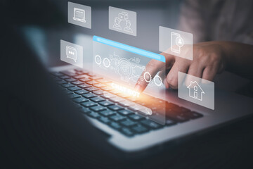 Businessman hold Laptop and touch Chat bot Chat with AI, Artificial Intelligence, System Artificial intelligence an artificial intelligence chatbot, Digital chatbot, Robot application, conversation