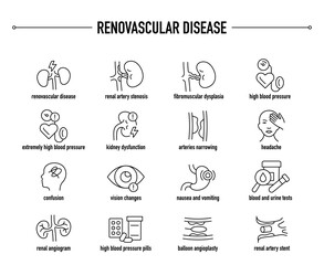 Renovascular Disease symptoms, diagnostic and treatment vector icon set. Line editable medical icons.