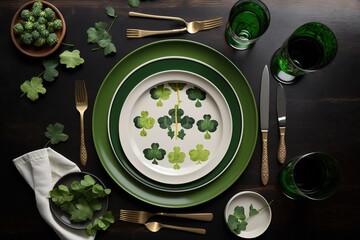 Fototapeta na wymiar Happy St Patricks Day plates table setting flat lay