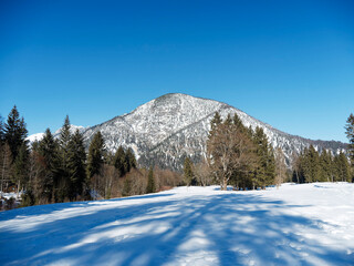 Pertisau am Achensee. Winterwanderweg und Langlaufloipe durch das Tristenau weg an tief...