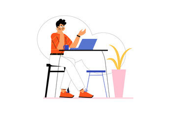 Freelance working icons concept with people scene in the flat cartoon style. Man works according to a free schedule at home.