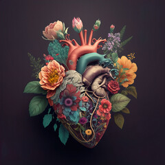 Human heart in flowers. Floral romantic anatomical heart. illustration - obrazy, fototapety, plakaty
