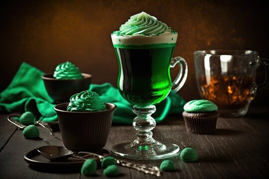 Irish coffee in green cup and special cupcakes for St Patrick s Day