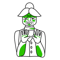 Old woman with emotion of disgust. Disgusted mood half body grandmother, line art hand drawn sketch design.