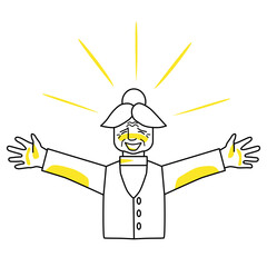 Happy old woman, emotion of happiness. Joyful grandmother character, line art, hand drawn sketch style.