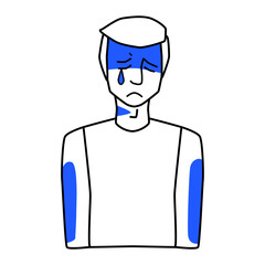 Sad white man, emotion of sorrow. Melancholy of crying adult male, line art, half body hand drawn sketch style.