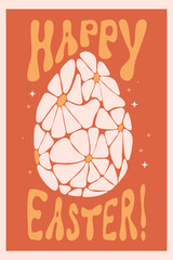 Happy Easter retro Postcard. Easter egg from daisy flowers. Vector Illustration retro groovy pattern with hand drawn chamomile flowers. Aesthetic modern art. Hippie 60s, 70s, 80s style.