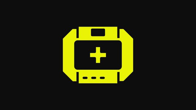 Yellow First aid kit icon isolated on black background. Medical box with cross. Medical equipment for emergency. Healthcare concept. 4K Video motion graphic animation
