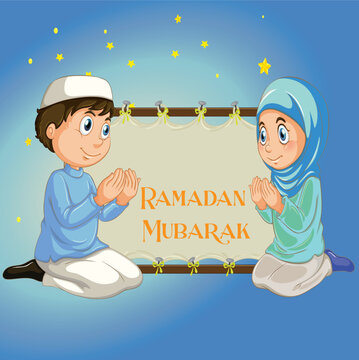 Ramadan Mubarak 2023, kids pray in Radan, religious Muslim men kneeling and praying ramadan kareem holy month of religion vector illustration