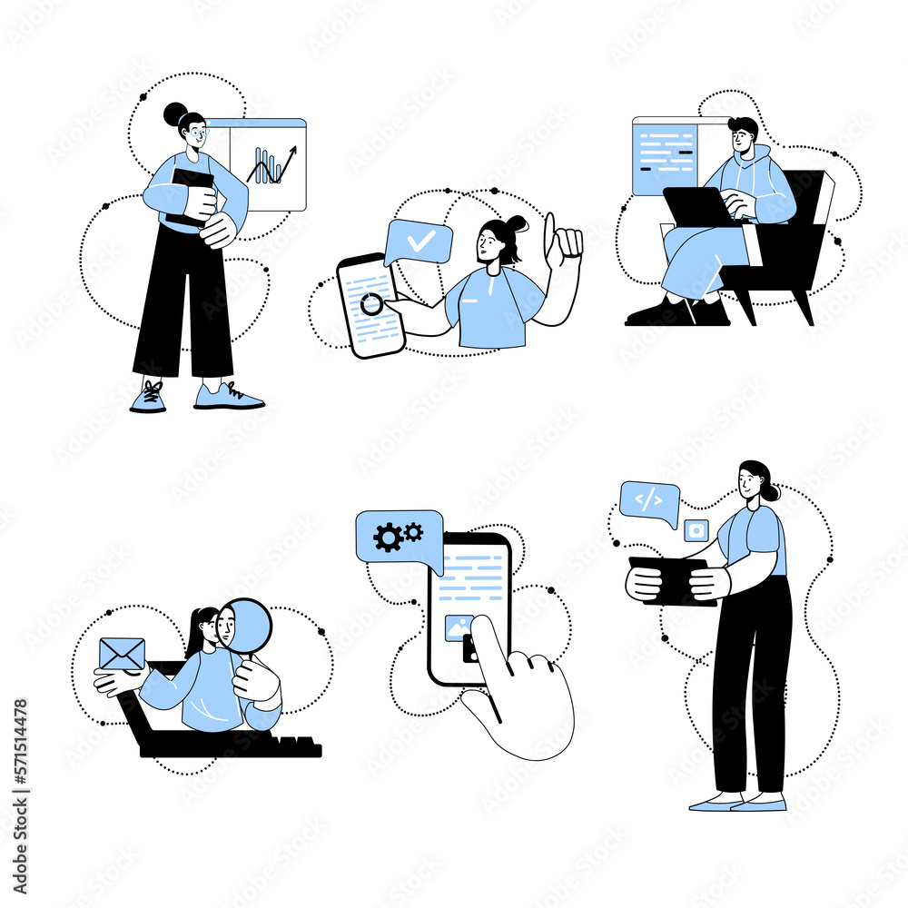 Aufkleber blue flat line concept software developers with people scene in the flat cartoon style. programmers 