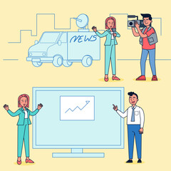 Cartoon style. Set of television videoman and journalist reporting outdoor and broadcast room