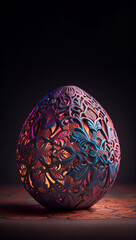 Easter egg chocolate decorated close up, defocused  lights in background, vertical copy space. Generative AI