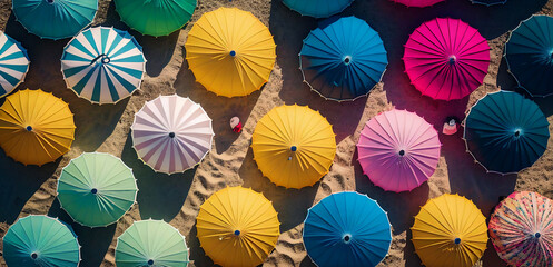 Beach umbrellas aligned on beach summer light aerial high angle view. Generative AI illustration - obrazy, fototapety, plakaty
