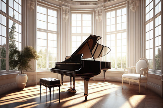 Grand piano in elegant home interior with large windows, generative AI
