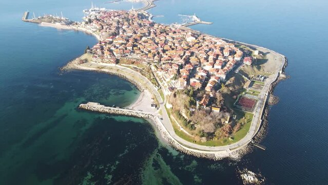 Amazing Aerial Sunrise view town of Nessebar, Burgas Region, Bulgaria 