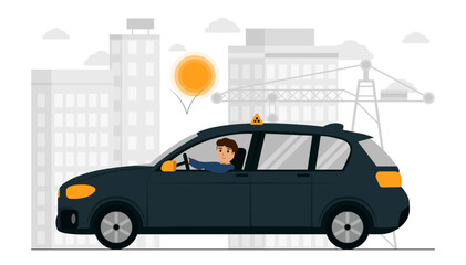 A man driving a car. Works in a taxi. There is a city in the background. A quick trip.  Vector flat illustration.