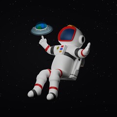 Astronaut with rocket and shuttle floating in space with asteroids moon and UFO, 3D rendering.