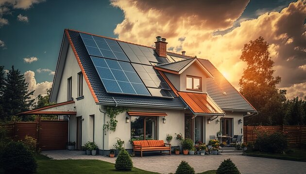 House with solar panels on the roof. Sustainable and clean energy at home. Generative AI