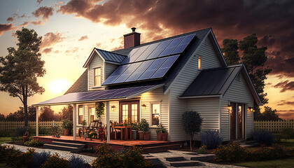 House with solar panels on the roof. Sustainable and clean energy at home. Generative AI