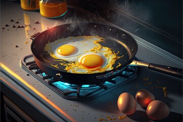 Frying eggs in a pan. Easy and taste breakfast cooking in the kitchen. Generative AI