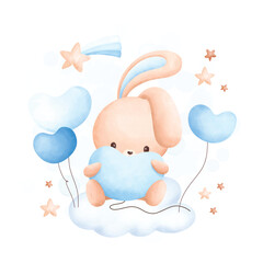 Watercolor Illustration Cute rabbit and balloons on cloud