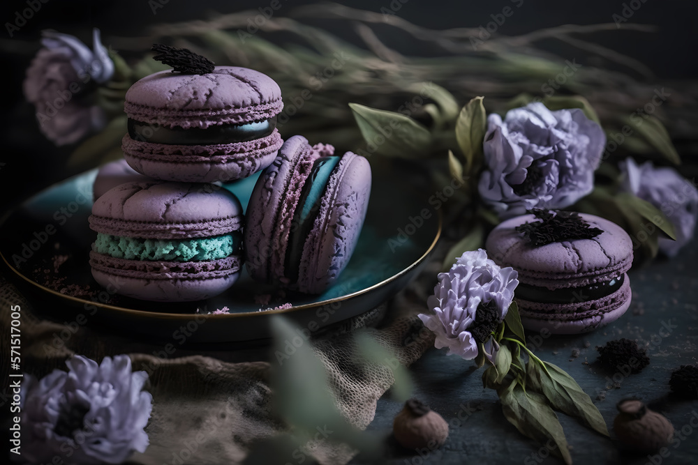 Wall mural Homemade elderberry flavored macaroons. Creative dessert compositions food photography made with Generative AI